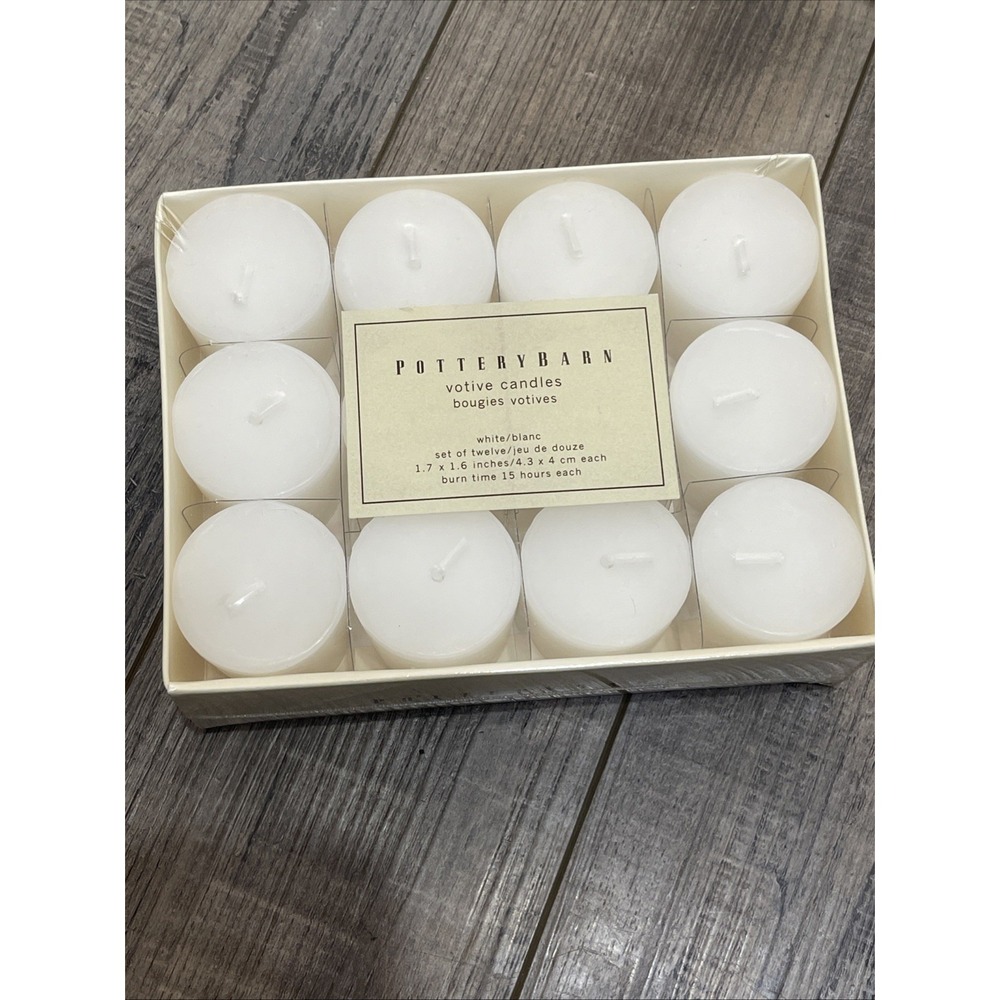 NEW Pottery Barn Set of 12 White 1.7"x 1.6" cylinder Votive Candles Burn 15‎ Hr